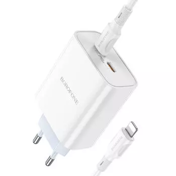 Сетевое зарядное устройство Borofone BA73A Young 35Вт, 2xUSB type-C, Quick Charge, PD, 3A, белый (974443388404), USB Type-C - Lighting 8-pin
