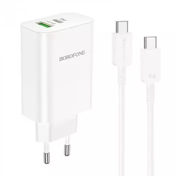 Сетевое зарядное устройство Borofone BN10 65 Вт, USB, USB type-C, 3A, белый (6974443388206), кабель USB Type C