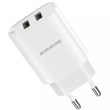 Сетевое зарядное устройство Borofone BN2, 2xUSB, 2.1A, белый (6931474741189), Lightning 8pin