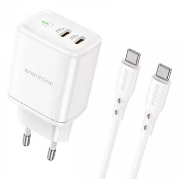 Сетевое зарядное устройство Borofone BN9 35 Вт, 2xUSB type-C, 3A, белый (6974443388183), кабель USB Type C