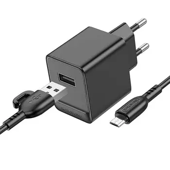 Сетевое зарядное устройство Borofone Erudite BAS11A 10.5 Вт, USB, EU, черный (6941991104633), кабель USB/microUSB