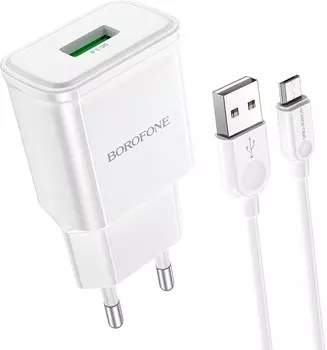 Сетевое зарядное устройство Borofone Heavenly BA59A 18 Вт, USB, EU, Quick Charge, белый (6974443380194), кабель microUSB