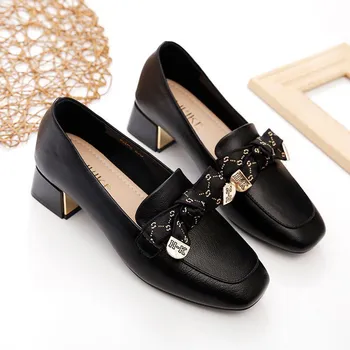 Unmun Square Head Single Shoes Женские британские маленькие кожаные туфли на толстом каблуке с мягким кожаным бантом Универсальные женские мокасины 35 бежевый