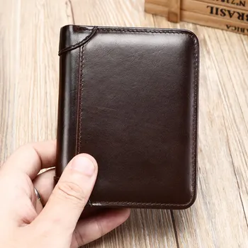 Винтажный кошелек из натуральной кожи, мужской кошелек для монет, RFID-защита от кражи, сумка для карт с несколькими отделениями для карт, короткий, тройной зажим для денег чёрный
