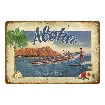 Aloha Beach жестяные таблички винтажные летние металлические настенные таблички Hawaii Tiki Bar Decor House Seaside Декоративная тарелка Surf Carft YA040 20x30cm