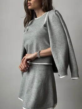 Hirsionsan элегантный мягкий винтажный женский костюм из 3 предметов юбка комплект кардиган короткий рукав свитер и мини-юбка трикотажный спортивный костюм M белый