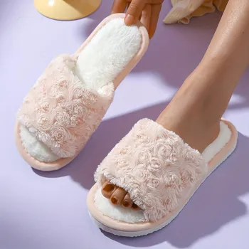 Floral Design Home Warm Slippers Soft Sole Lightweight Plush Lined Shoes Non-slip Indoor Mute Shoes 36-37 белый