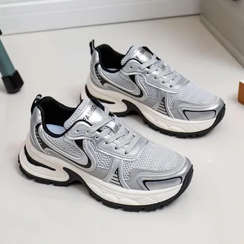 Fashion Women Lace Up Casual Sneakers Fashion Comfortable Non Slip Sports Shoes for Woman 2025 Autumn New Casual Platform Running Shoes 35 золотой
