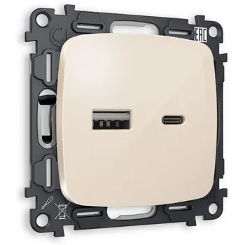Комплект механизма Ambrella Volt розетки OMEGA MO311010 Бежевый глянец 2USB A+C 20W быстрая зарядка QUANT