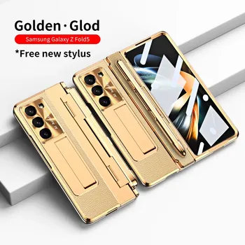 С сенсорной ручкой для Samsung Galaxy Z Fold 6 5 4 3 Чехол Винтажный кожаный держатель на шарнире Магнитный полноэкранный защитный складной чехол For Galaxy Z Fold 4