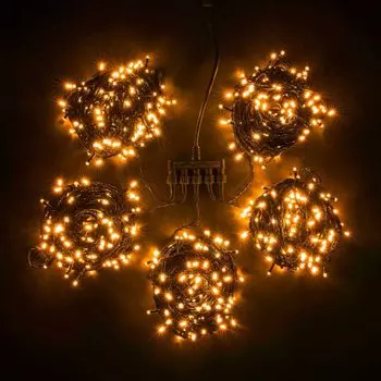 Комплект 5 Желтых Нитей по 20м с Мерцанием, 1000 LED, Провод Черный ПВХ, IP54