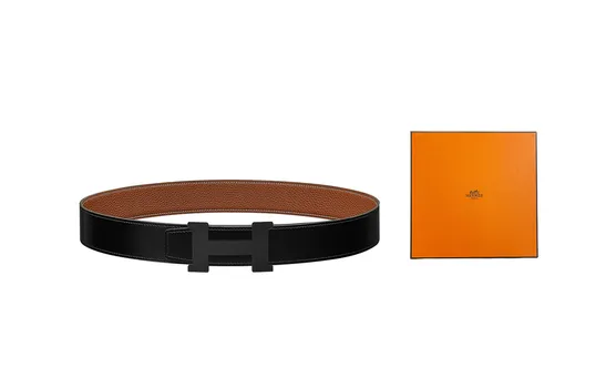 HERMES Ремень из телячьей кожи Togo, двусторонний, унисекс, черный/золотой, ширина 3,8 см