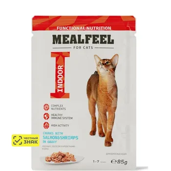 Mealfeel Functional Nutrition Влажный корм (пауч) для взрослых кошек, лосось и креветки в соусе с кусочками куриного филе, 85 гр.