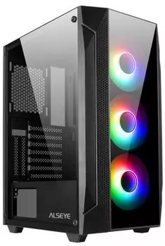 Корпус ATX ALSEYE Phantom 1.0-BK чёрный, без БП, боковая панель из закаленного стекла, USB 2.0, USB 3.0, audio