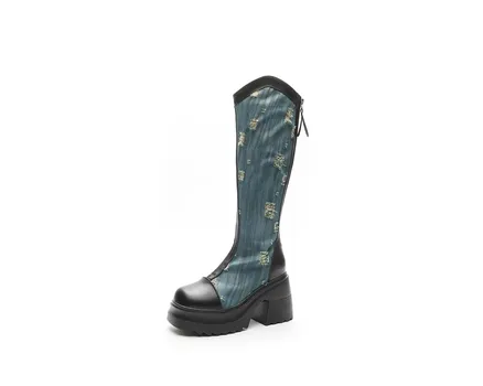 Genuine Winter Long Pipe Boot Women Fashion Back Zip Knee High Boots Female Elegant Platform Square Heel Women s Mordern Botties 34 бежевый