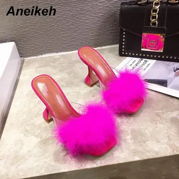 Aneikeh Модные пушистые тапочки-слайды для женщин с квадратным носком и открытым носком, сандалии без застежек на шпильках, элегантная удобная женская обувь 37