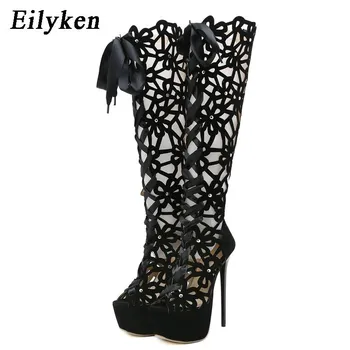 Eilyken/летние женские сандалии-гладиаторы на платформе, женские босоножки до колена с открытым носком, босоножки на молнии, босоножки на тонком высоком каблуке 35 красный