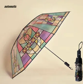 Зонт Wind Rainforest Arch Umbrella Stain Glass Transparent Zone Long Handle Automatic Large Romantic Sunny hand movement