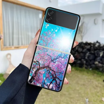 Luxury Case For Samsung Galaxy Z Flip 4 3 5G Black PC Hard Phone Cases Fashion Back Cover ZFlip Funda Pink Flower Hert Shell Sac Samsung Z Flip 5G