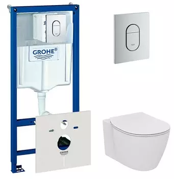 Комплект Система инсталляции для унитазов Grohe Rapid SL 38929000 4 в 1 с кнопкой смыва + Крышка-сиденье Ideal Standard Connect E772401 с микролифтом + Чаша для унитаза подвесного Ideal Standard Connect AquaBlade E047901