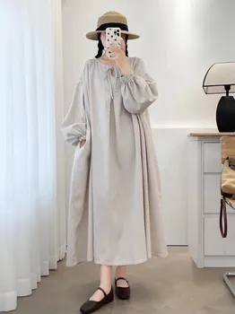 Johnature Round Neck Tie Stripe Dress Japanese Autumn Vintage Loose Casual Simple Stripe Women Dress One Size синий