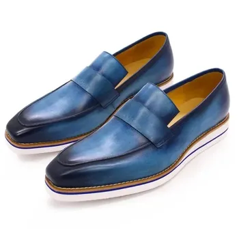 fashion Retro Loafers Men s Leather Handmade Casual Shoes Concise Lightweight Comfortable Flat Bottomed Shoes for Men 2024 Spring/Autumn 39 синий