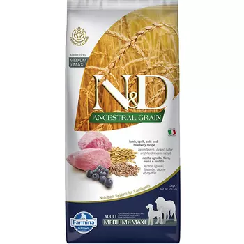 Корм для собак Farmina N&amp;D Ancestral Grain для средних и крупных пород ягненок с черникой 12 кг