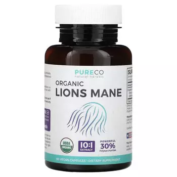 Pure Co., Natural Herbals, органическая львиная грива, 60 веганских капсул