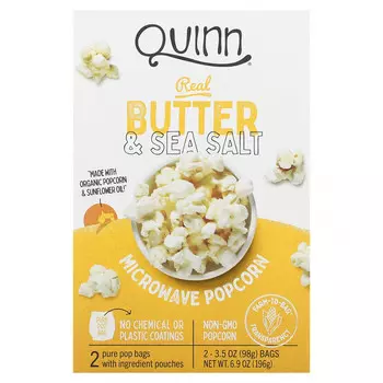 Quinn Popcorn, Попкорн в микроволновой печи, натуральное масло и морская соль, 2 пакетика по 98 г (3,5 унции)