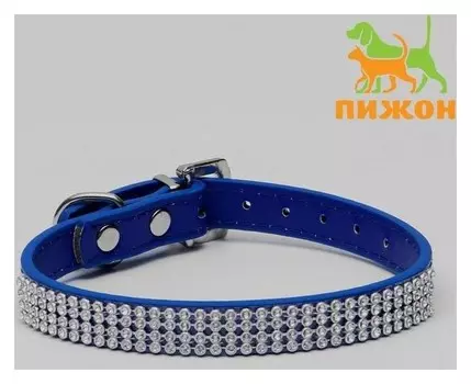 Ошейник со стразами в 4 ряда и стразы на пряжке, 40 х 1,5 см, синий