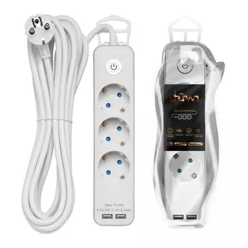 удлинитель DUWI Supraline SILVER 5м 3х1,5мм кв 3 гнезда с выключателем с/з 16А 2USB белый
