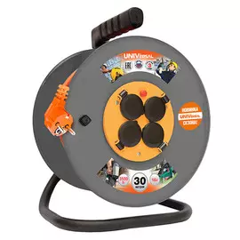 удлинитель на катушке 4 гнезда ПВС 3х1,5мм с/з 16А IP44 30м с реле защиты от перегрузок серый