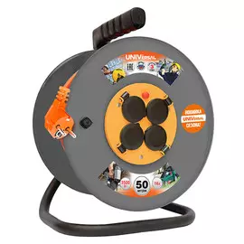 удлинитель на катушке 4 гнезда ПВС 3х1,5мм с/з 16А IP44 50м с реле защиты от перегрузок серый