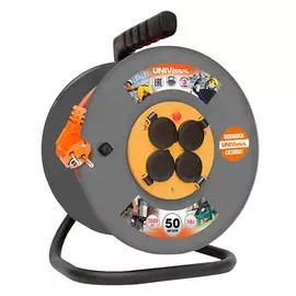 удлинитель на катушке 4 гнезда ПВС 3х2,5мм с/з 16А IP44 50м с реле защиты от перегрузок серый