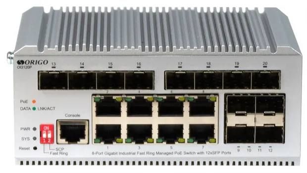 Коммутатор управляемый ORIGO OI3120P/185W/A1A L2 Industrial Fast Ring 8x1000Base-T PoE, 12x1000Base-X SFP, PoE Budget 185W, Surge 4KV, -40 to 75°C