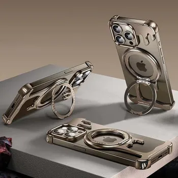 Роскошный чехол из жидкого металла для iPhone 16 15 14 13 Pro Max Magsafe с магнитной подставкой, устойчивой к падениям и рассеиванию тепла, чехол для беспроводной зарядки For iPhone 16 Pro Max чёрный