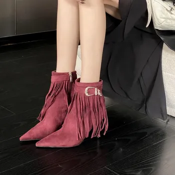 Fashion Women Elegant Ankle Boots Pointed Toe High Heels Fringes Shoes 2024 Trend Stilettos Chelsea Boots Winter New Pumos Mujer Botas 35 коричневый