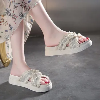 Women Solid Color Pearl Slippers Ladies Middle Heel Anti-slip Soft-sole Comfortable Thick Bottom Beach Sandals Footwears 35 чёрный