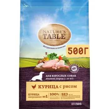 Nature`s Table полнорационный сухой корм для собак мелких пород, с курицей и рисом - 500 г повседневный премиум для взрослых с курицей породы мелкого размера мешок Российский корм 1 уп. х 1 шт. х 0.5 кг