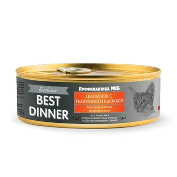Best Dinner Exclusive влажный корм для стерилизованных кошек, для профилактики мочекаменной болезни, с ЦЫПЛЕНКОМ, ТЕЛЯТИНОЙ и клюквой, волокна в желе, в консервах - 100 г повседневный премиум для всех возрастов с цыпленком для всех пород консервы (в железной банке) Российский корм 1 уп. х 12 шт. х 1.2 кг