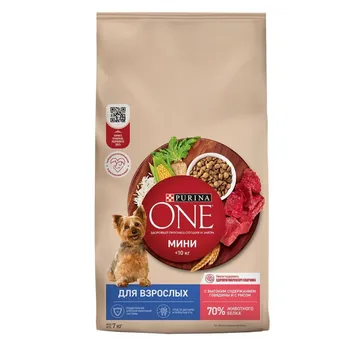 Purina One Мини сухой корм для взрослых собак мелких пород, с высоким содержанием говядины и рисом - 7 кг повседневный супер премиум для взрослых с говядиной миниатюрные породы мешок Российский корм 1 уп. х 1 шт. х 7 кг