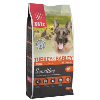 Blitz Adult Sensitive сухой корм для взрослых собак, с индейкой и ячменем - 15 кг супер премиум без курицы для взрослых с индейкой для всех пород мешок Российский корм 1 уп. х 1 шт. х 15 кг