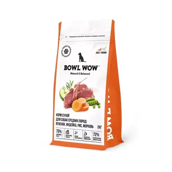 Bowl Wow сухой корм для собак средних пород, с ягненком, индейкой, рисом и морковью - 2 кг для взрослых с индейкой породы среднего размера мешок Россия 1 уп. х 1 шт. х 2 кг