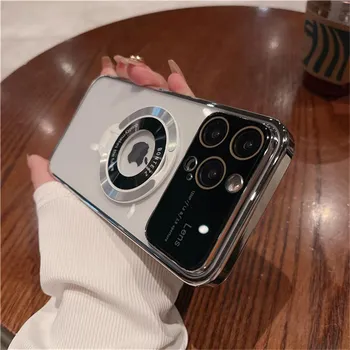 Для iPhone 15 Pro Max Роскошное покрытие PC Frame Magsafe Чехол для телефона с магнитной подставкой для iPhone 11 12 13 14 15 Plus Защитный чехол для объектива iPhone 11 чёрный
