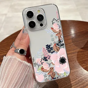 Для iPhone 15 Pro Max 14 13 Pro 12 11 чехол для телефона красивый цветочный узор прозрачный противоударный тонкий жесткий чехол для ПК iPhone 15