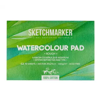 Альбом-склейка для акварели Sketchmarker 21х31 см 10 л 300 г, хлопок, крупнозернистая