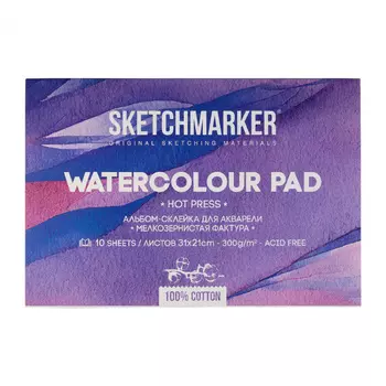 Альбом-склейка для акварели Sketchmarker 21х31 см 10 л 300 г, хлопок, мелкозернистая