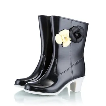 Women s Rain Boots Camellia Decoration Fashion Outdoor White Long Tube Waterproof Non-slip Rain Boot Cover Saliva Shoes 39