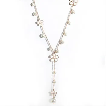 Women s Fashion Korean Style Faux Pearl Flowers Long Necklace Sweater Chain ADM чёрный