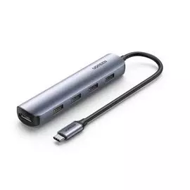Адаптер UGREEN 20197_ USB-C to 4*USB 3.0+HDMI, серый